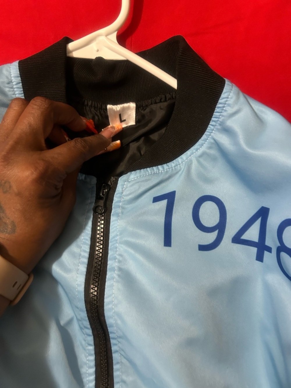 Light Blue Bomber Jacket with '1948' Print
